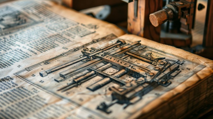 A close-up of a book page from a history textbook. The page is about the invention of the printing press. The page is illustrated with a picture of a printing press. A close-up of a book page from a history textbook. The page is about the invention of the printing press. The page is illustrated with a picture of a printing press.