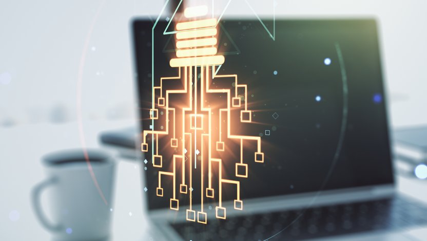 Creative light bulb illustration with microcircuit on modern computer background, future technology concept. Multiexposure