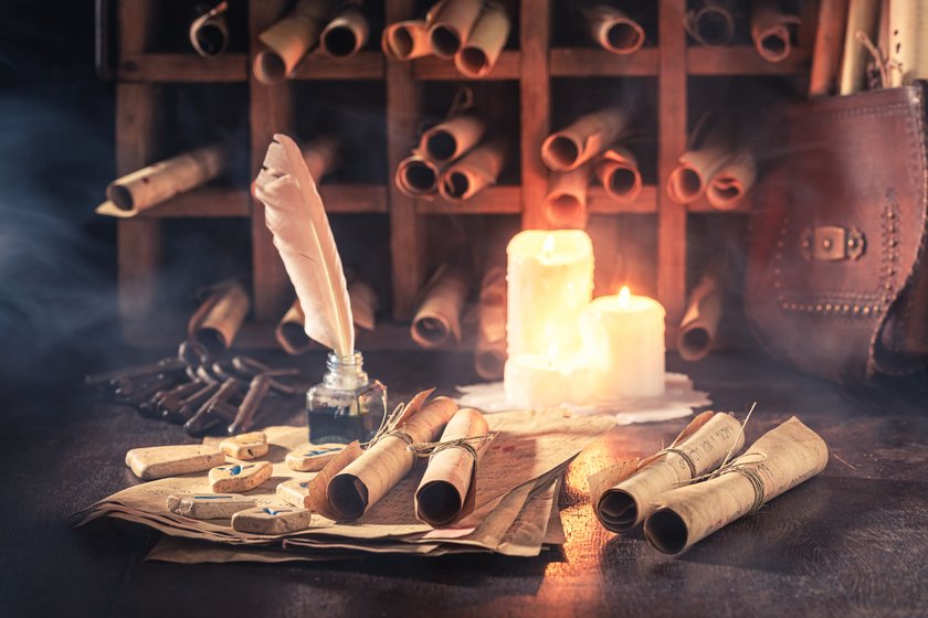 Ancient and magic library full of valuable manuscripts