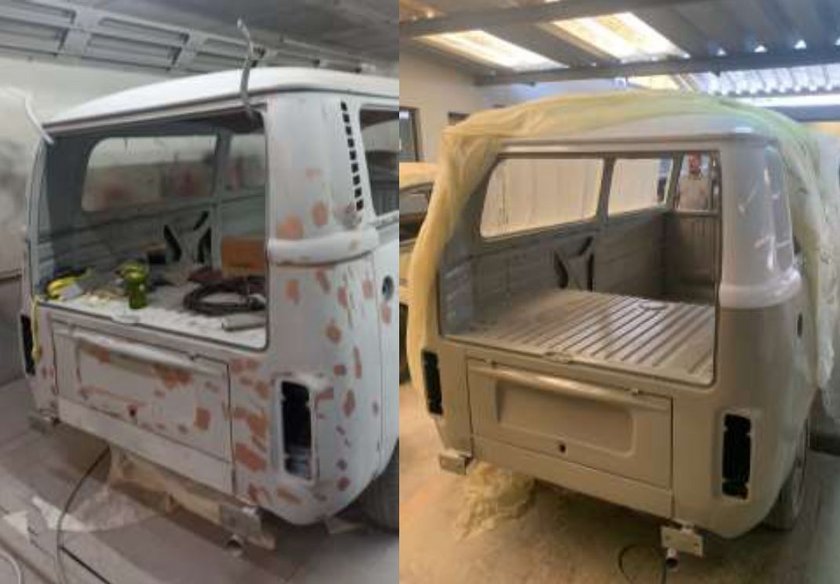 Before and after the restoration: a VW T2 estate car