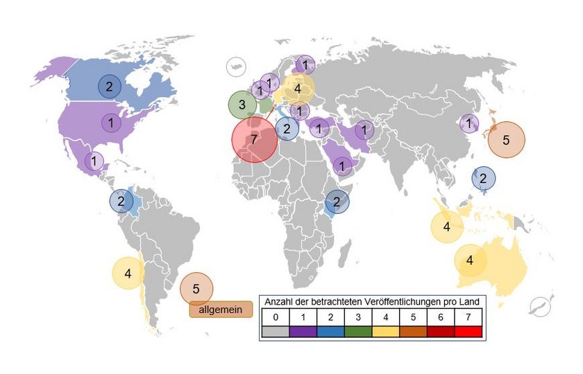 (öffnet Vergrößerung des Bildes) Aus dem Beitrag: Globale Verteilung der analysierten Veröffentlichungen zur gesellschaftlichen Akzeptanz von Geothermie (Grafik: Robin Renoth) (öffnet Vergrößerung des Bildes)