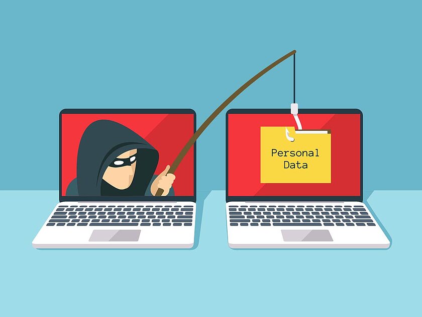 Grafik Phishing: Zwei Laptops stehen nebeneinander, aus dem einen Laptop kommt ein maskierter Mann mit einer Angel und klaut persönliche Daten aus dem anderen Laptop. (öffnet Vergrößerung des Bildes)